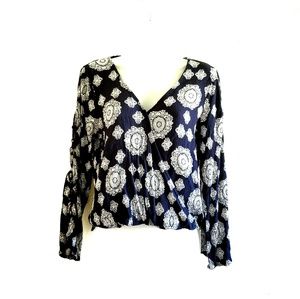 Altar'd State Navy Blue Paisley Bell Sleeve Blouse